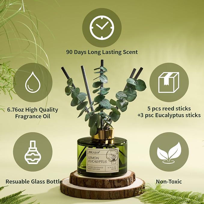 Airkeep Reed Diffuser Set with 6.76 fl oz Lemon Eucalyptus Scent Essential Oils and 3 Leaves & 8 Diffuser Sticks,Bathroom Shelf Decor & Air Freshener, House Bedroom Office Decor & Gifts