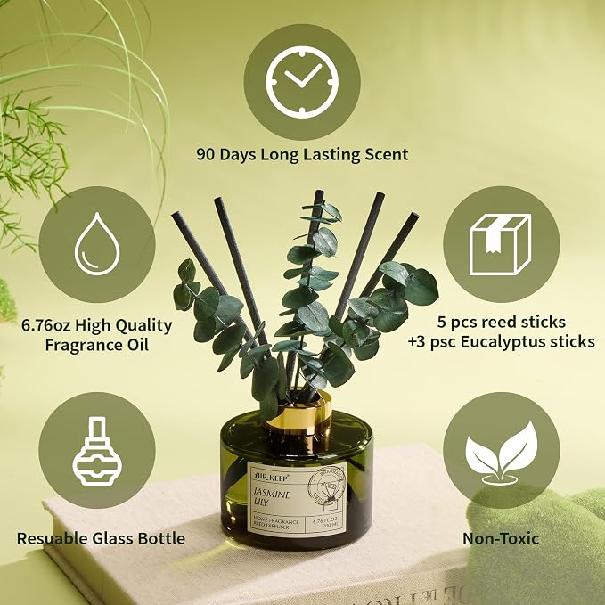 Airkeep Reed Diffuser Set with 6.76 fl oz Jasmine Lily Scent Essential Oils and 3 Leaves & 8 Diffuser Sticks,Bathroom Shelf Decor & Air Freshener, House Bedroom Office Decor & Gifts