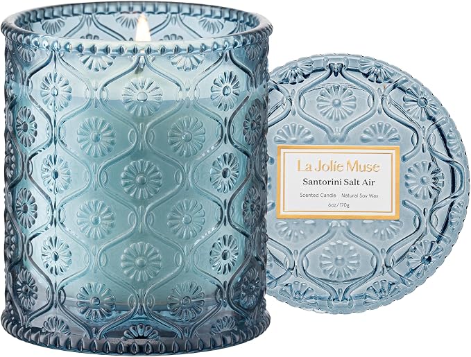 LA JOLIE MUSE Santorini Salt Air Scented Candles for Home, Soy Wax 40 Hrs | Luxury Blue Jar Candle, Natural Clean Non Toxic, Fresh Summer Ocean Candles, Relaxing Gifts for Women & Men, Bergamot & Sea