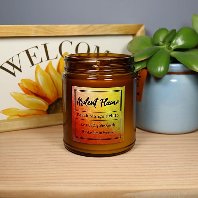 Candles | Peach Mango Gelato | 100% Natural Soy Wax Candle for Home Decor | Highly Scented | Premium Fragrance | Handmade in Vermont, USA | 8 oz | Long Lasting | Gift for Women and Men