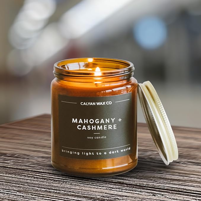 Calyan Wax Co. Mahogany & Cashmere Scented Candle - 57 Hour Burn - Luxury Clean Soy Wax Candles - Long Lasting Amber Glass Jar Candle for Home - 7.2oz