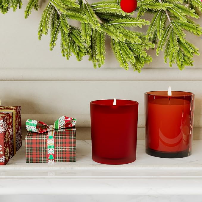 SHOWIN Thick Candle Jars for Making Candles 16 Pcs, 7 OZ Empty Jars with Wood Lids for Candle Making, Sample Container, Frosted Red