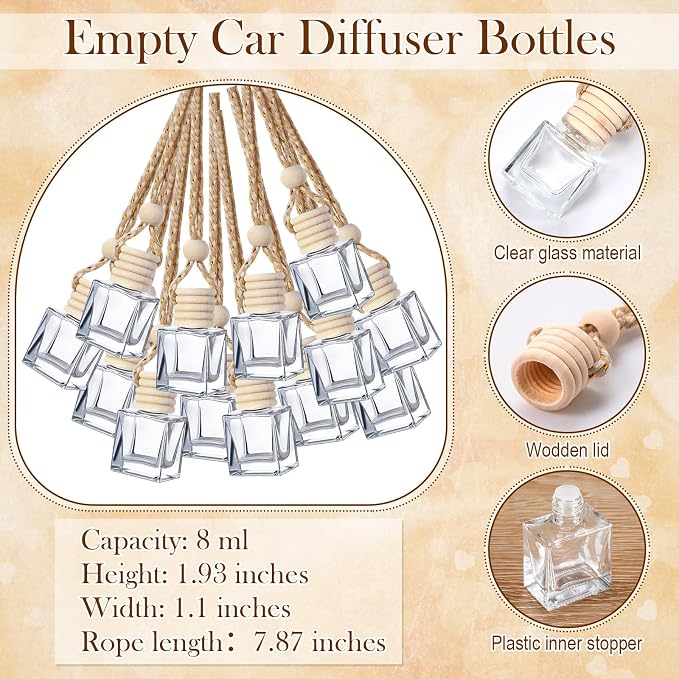Boao 50 Sets Hanging Car Air Freshener Diffuser Bottles with 2 x 3.54 Inch Car Diffuser Instructions Cards for Empty Essential Oil Bottles(White Card,Flat Square)