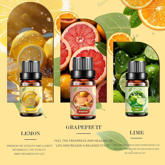 Essential Oil Set, Pure Essential Oils for Diffusers Home, Skin Care, Massage, Aromatherapy, Humidifiers, Fragrance Oil Scents Including Sweet Orange, Bergamot, Lemon, Grapefruit, Citrus, Lime.