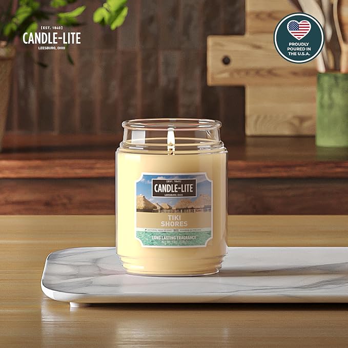 Candle-lite Scented Candles, Tiki Shores, 18 oz Jar, Proudly Poured in The USA, Aromatherapy Candle, Single-Wick with 110 Hours of Burn Time, Perfect for Creating a Refreshing Ambiance