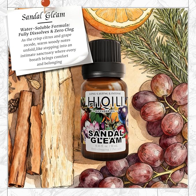 HIQILI Sandal Gleam Diffuser Oil for Ultrasonic Diffusers & Humidifiers, Water Soluble Fragrance Oil, Relaxing Aromatherapy, Long-Lasting Home Air Freshener - 0.34 Fl Oz