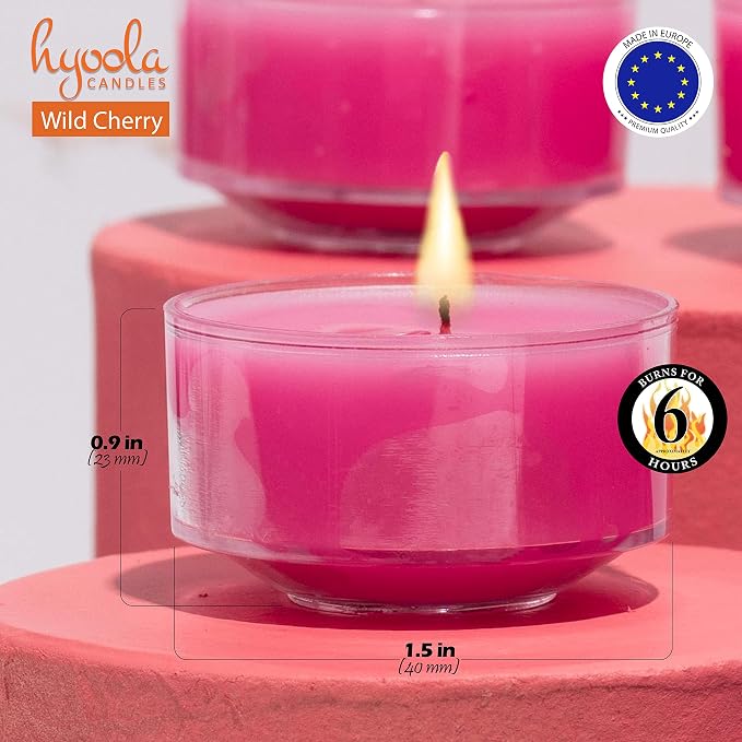 HYOOLA Scented Tealight Candles - Clear Cup - Wildcherry Tealight Candles Scented - 6 Hour Burn Time - 15 Pack - European Made