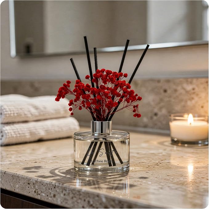 Reed Diffuser Set (6.7fl oz), Natural Lychee Rose Essential Oil Fragrance with Glass Bottle, Black Rattan Sticks & Preserved Flowers, Up to 120 Days Lasting Fragrance for Home & Office