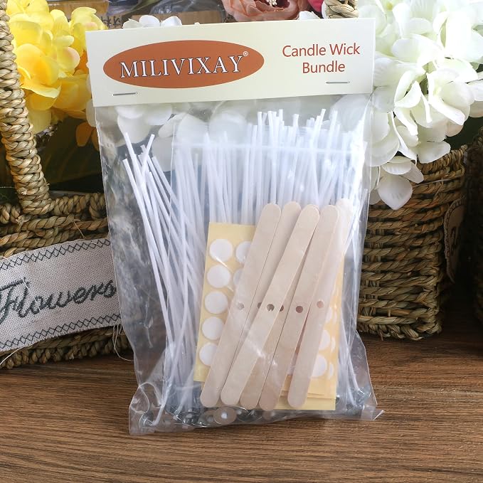 MILIVIXAY 6" Candle Wick Bundle: 100PCS Candle Wicks, 100PCS Candle Wick Stickers and 6PCS Wooden Candle Wick Holders - Wicks Coated with Paraffin Wax, Cotton Wicks Kits for Candle Making.