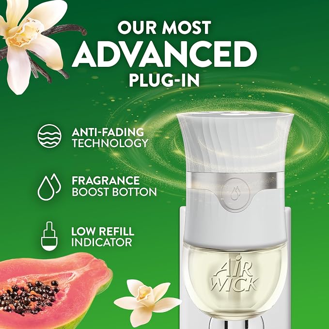 Air Wick Plug-In Scented Oil Refills, 4 Count, Vanilla & Pink Papaya, Air Freshener, Essential Oils, Eco Friendly