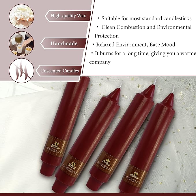 Red Taper Candles Unscented Tapered Candlesticks 7 Inch Dinner Candle 4 PCS Smokeless Candle for Christmas Household Wedding Home Decor