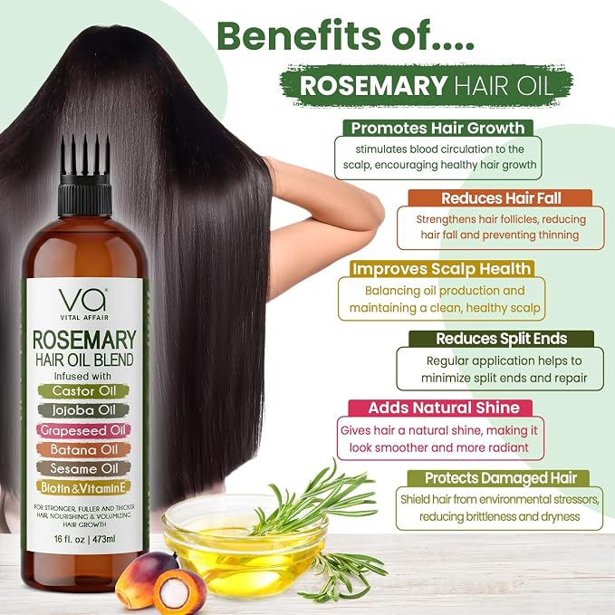 VITAL AFFAIR Blend Of Pure Rosemary Oil For Hair Growth With Castor, Batana, Jojoba Oil-Infused With Biotin & Vitamin E-Blend of Effective Hair Oils for Hair Growth-Strengthening Treatment 16 Fl Oz