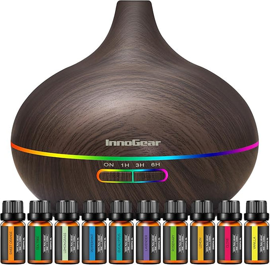 InnoGear Aromatherapy Diffuser & 10 Essential Oils Set, 400ml Diffuser Ultrasonic Diffusers for Home Cool Mist Humidifier with 4 Timers 7 Colors Light Waterless Auto Off, Dark Wood Grain