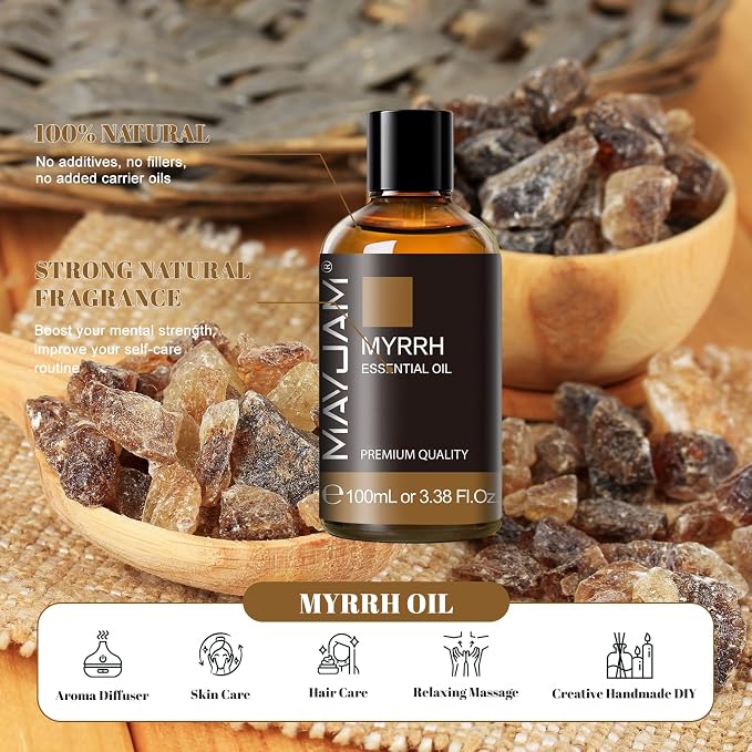 Myrrh Essential Oil 100ML/3.38FL.OZ, MAYJAM Premium Myrrh Oil Essential Oils with Glass Dropper, Great for Diffuser and Candle Making