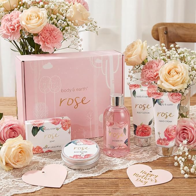 BODY & EARTH Spa Gift Set for Women - Luxurious 5 Pcs Bath and Body Box, Rose Scent, Includes Body Wash, Body Butter, Body Lotion and More, Birthday Mothers Day Gifts for Mom Self Care Kit for Her