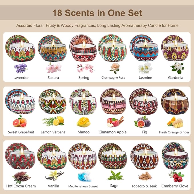 Scented Candles Gift Set, 18 Pack Soy Wax Aromatherapy Candles, 18 Fragrances in Bohemian Travel Tins, 360-Hour Burn, Birthday & Housewarming Gifts for Women