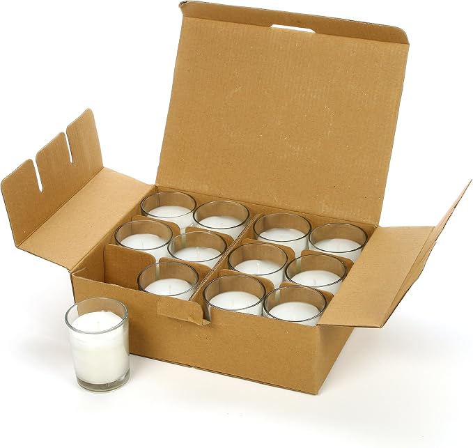 Hosley Set of 12 Ivory Unscented Votive Candles 12 Hour Burn Time Hand-Poured Wax in Clear Glass Holders Long-Lasting, Smokeless Candles for Weddings, Home Décor, Spa & Events.