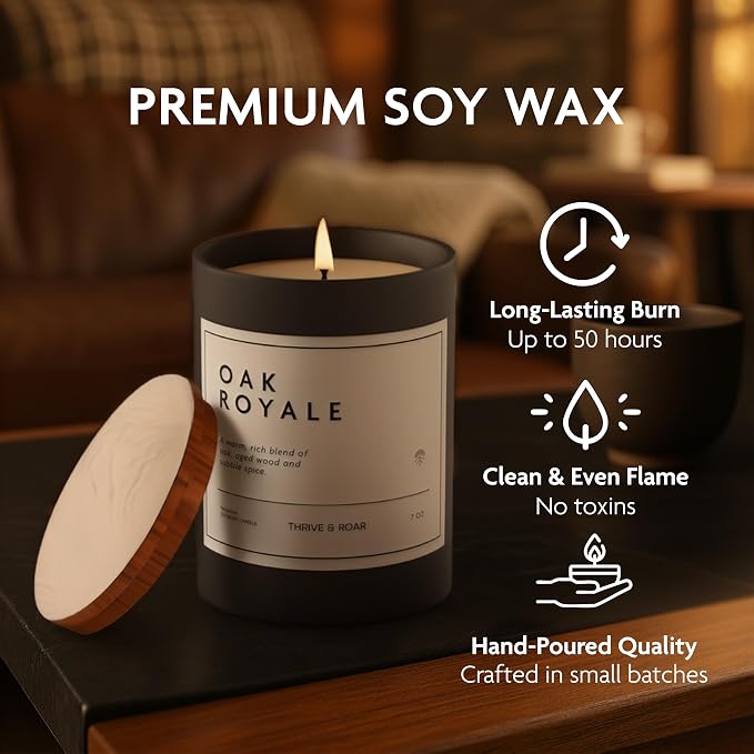 Thrive & Roar - Oak Royale Premium Scented Candle for Men – 7oz Long Lasting, Soy Wax Aromatherapy Candle for Home Scented, Masculine Aroma, Office Decor, Man Cave Decor, Men's Gift