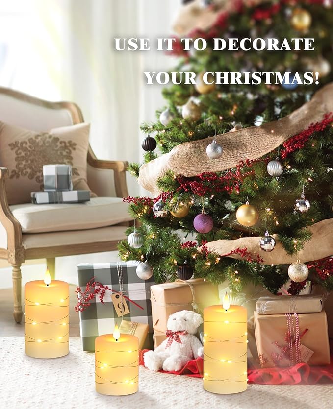 Upinmz Flickering Flameless Candles with Embedded String Lights, Battery Operated Candles with Remote Control and Timer,LED Candles for Home Decoration,Real Wax,3 Pack Ivory