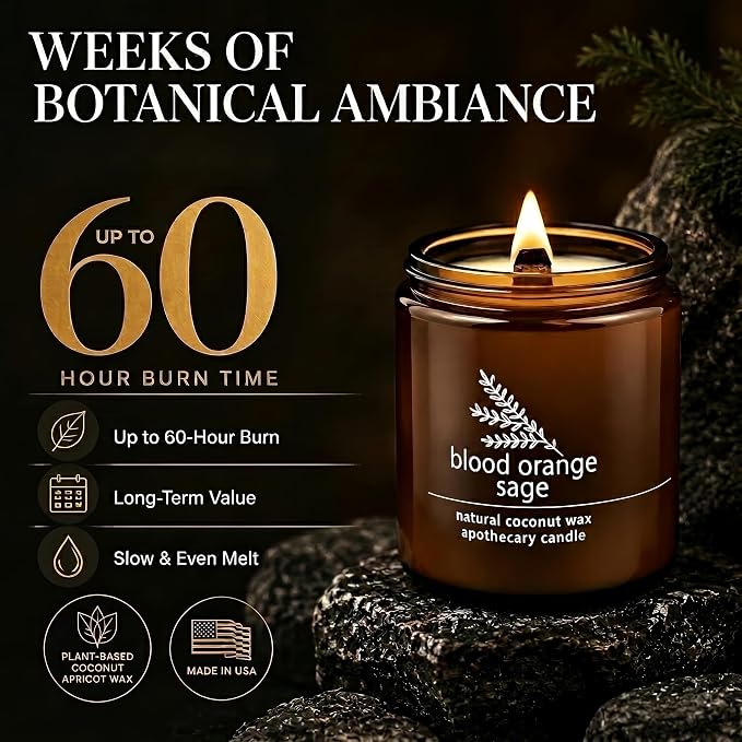 Hemlock Park Blood Orange Sage Apothecary Scented Candle | Crackling Wood Wick, Botanical Fragrance & Coconut Apricot Wax | Up to 60 Hour Burn Time | 8 oz | Made in USA