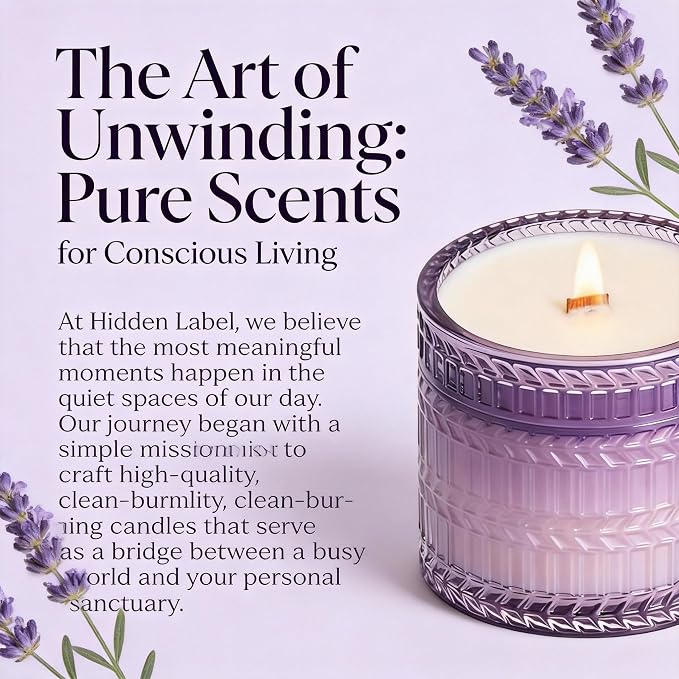 Hidden Label Lavender Scented Candle with Crackling Wooden Wick, 7.4 oz Soy Wax Jar Candle for Bedroom, Bathroom, Spa & Yoga, 55 Hour Small Candle Gift for Women