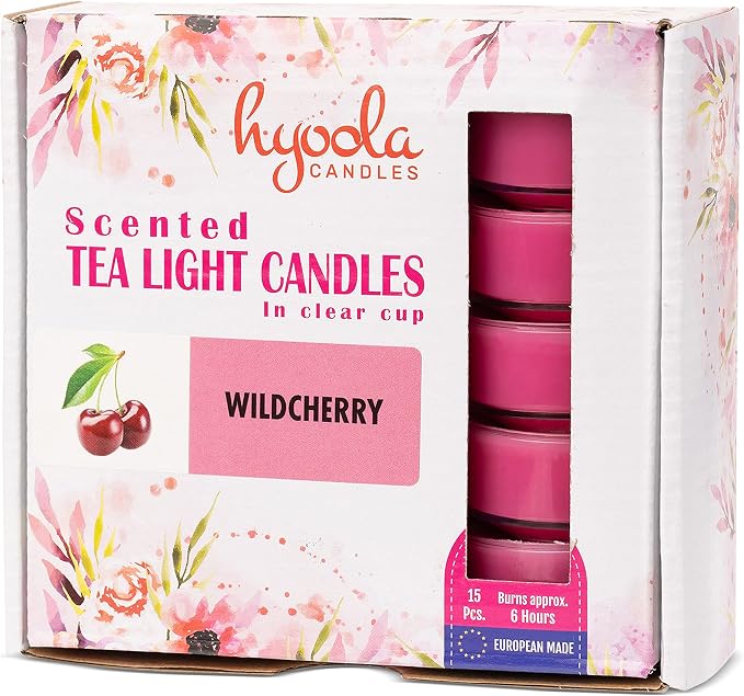 HYOOLA Scented Tealight Candles - Clear Cup - Wildcherry Tealight Candles Scented - 6 Hour Burn Time - 15 Pack - European Made