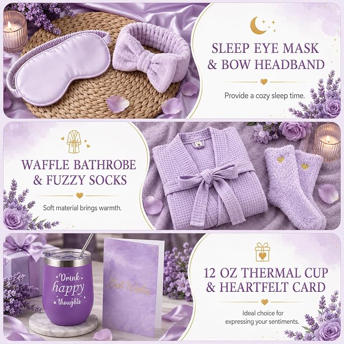gisgfim 14Pcs Birthday Gifts for Women Spa Gift Basket Set Relaxing Home Products Self Care Kit Includes Mirror Socks Steamers Bath Robe for Women Mother's Day Her Friend Sister Wife Grandma (Purple)