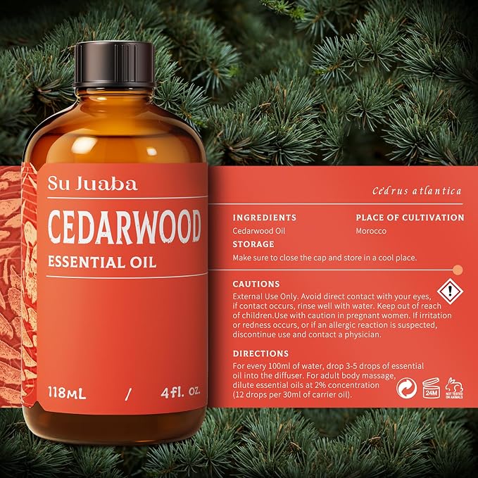 SU JUABA Cedarwood Essential Oil 4 Oz, Aromatherapy Oil for Hair, Massage, Relaxation & Skin Care - 118ML