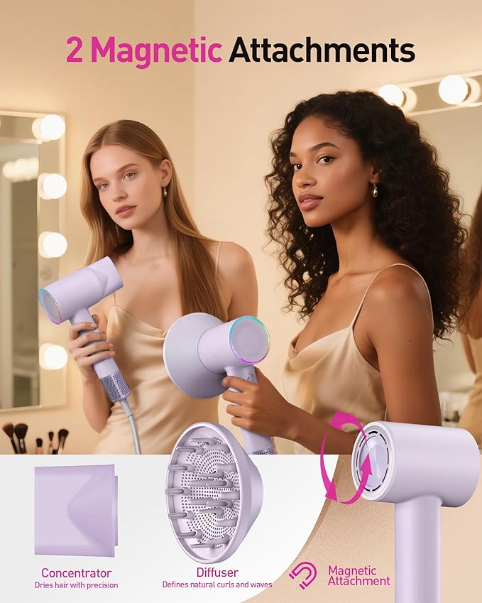 High-Speed Hair Dryer, 160,000 RPM Brushless Motor for Ultra-Fast Drying, 500M Ionic Negative for Frizz Reduce, Low Noise Thermo-Control Blow Dryer with Diffuser for Curly Hair Women and Men,Purple