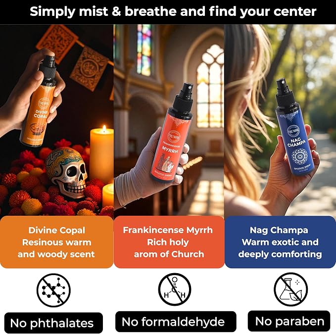 Set of 3 Smudge Sprays Frankincense Myrrh|Nag Champa|Copal for Cleansing Negative Energy and Protection - Natural Room Sprays and Body Mists Made with Non Toxic Essential Oils