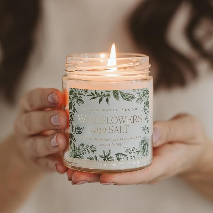 Sweet Water Decor Wildflowers and Salt Patterned Candle – Soy Candles with Rosemary, Lily, Honey, Violet, Amber, Musk Aroma– 40 Hour Burn – 9oz Clear Glass Jar – Ideal for Valentines Presents