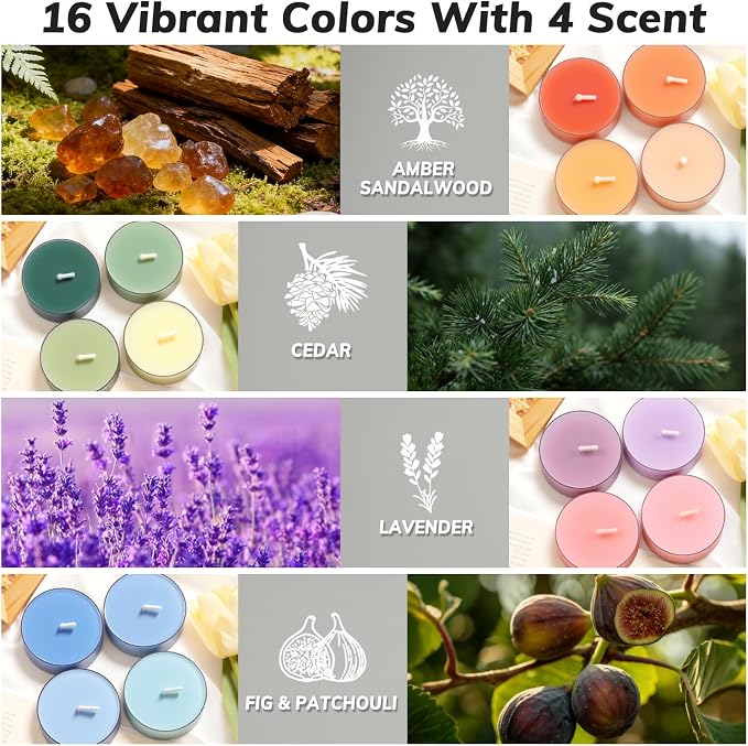 Colored Scented Tealight Candles, 16 Pack Soy Wax Colorful Tea Lights in 4 Scents for Home Decor, Relaxation & Gifts | Long-Lasting | Cedar, Amber Sandalwood, Lavender, Fig & Patchouli