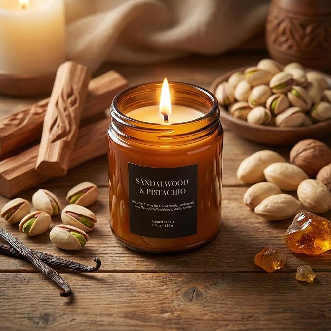 Sandalwood & Pistachio Scented Candle 6.5oz – CW Studio Color-Sprayed Glass Jar, Warm Nutty & Woody Aroma – Cozy Home Décor Gift for Women, Mother's Day, Birthday & Housewarming – 30-35 Hour Burn