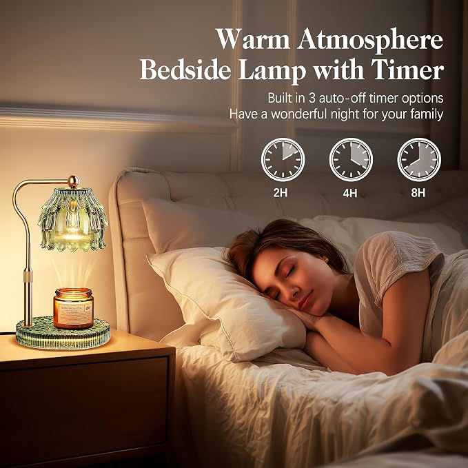 QiMH Candle Warmer Lamp with Timer Dimmer, Modern Wax Warmer for Scented Wax Jar Candle Warmer with 2 Bulbs, Adjustable Height Glass Lamp for Women, House Warming Gifts, Gold Green