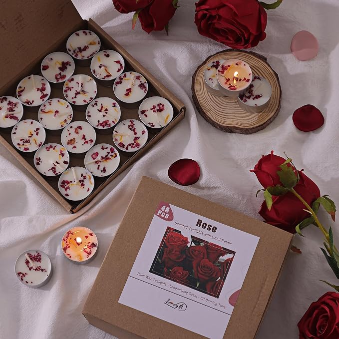 48 Pcs Rose Scented Tealight Candles, 6H Long Burning - Palm Wax Based, Non-Toxic/Smokeless, Bulk for Spa, Bath, Wedding