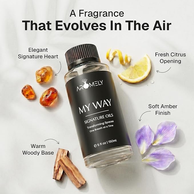 AROMELY My Way Diffuser Oil Blend | Luxury Home Fragrance Oil for Diffusers | Inspired by 1 Hotel | Signature Scent with Notes of Leather, Cardamom, Lemon, Cedarwood, Iris & Amber | 150ml