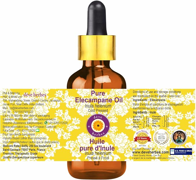 Deve Herbes Elecampane Oil (Inula helenium) with Glass Dropper | Cold Pressed | Pure | Natural | For Diluting Essential oils | For Skin & Massage | Non-Sticky | Lightweight | Unisex | 2ml (0.06 oz)