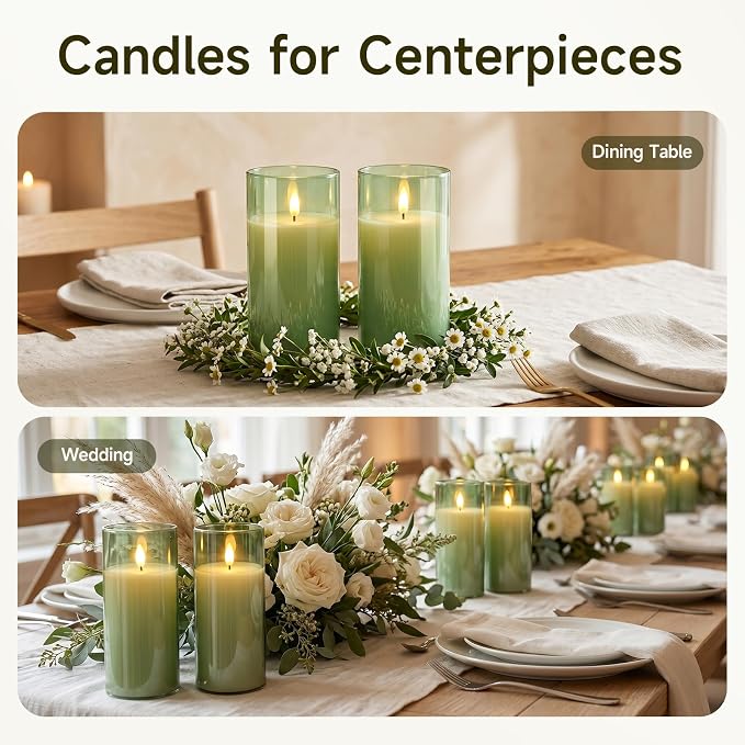 Homemory Sage Green Glass Flameless Candles Battery Operated LED Pillar Candles with Remote and Timer, Real Wax Flickering Candles Home Decor, Wedding, Easter, Farmhouse, Table Centerpieces, Set of 2