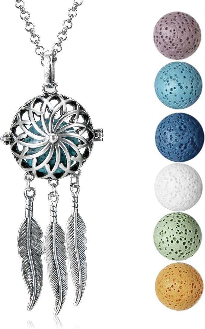 Wild Essentials Dream Catcher Essential Oil Diffuser Necklace Gift Set with Inner Calm & Relax Oils – Nickel Free Alloy Pendant with 6 Lava Stones – USA Made Oils & Perfume Necklace – Family Company