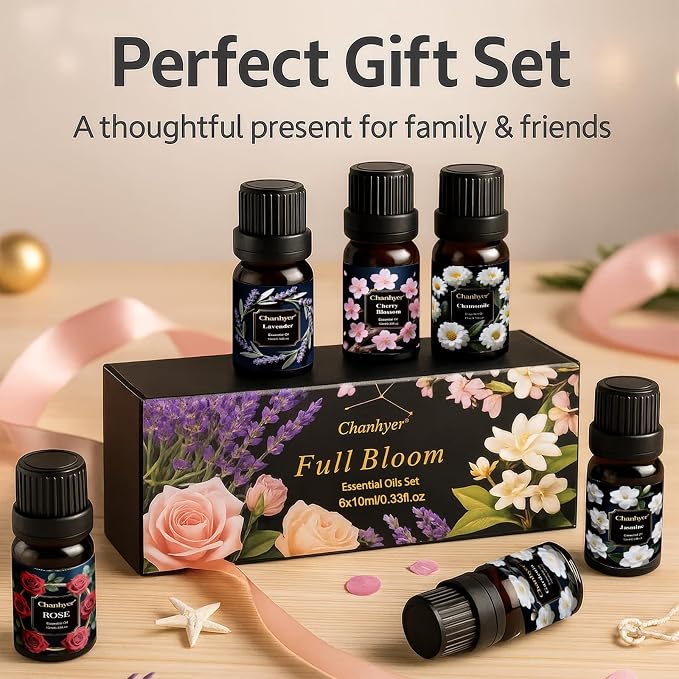 Floral Essential Oils Set 6x10ml-Gardenia,Jasmine,Rose,Chamomile,Cherry Blossom,Lavender-Pure Fragrance Oils for Diffuser,Aromatherapy and Gift