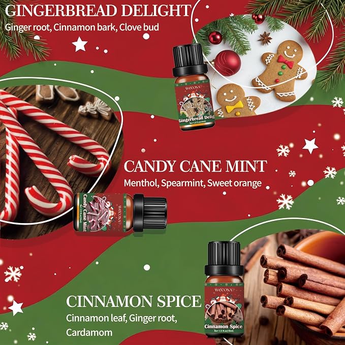 Christmas Essential Oils for Diffuser - Holiday Essential Oils Gift Set, 6 x 10ml Christmas Scents Including Gingerbread, Candy Cane, Apple Cider and More - Winter Diffuser Oils for Home