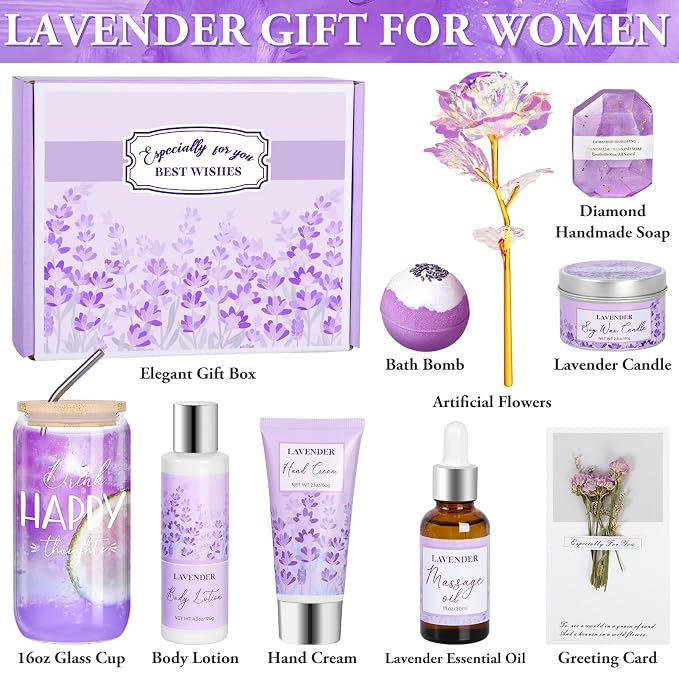 Spa Gifts for Women, Lavender Gift Baskets, Birthday Gifts for Women, Bath and Body Relaxing Self Care Care Package Home Spa Bath Gift for Her Mom Sister Wife Female Friends Coworker Employee