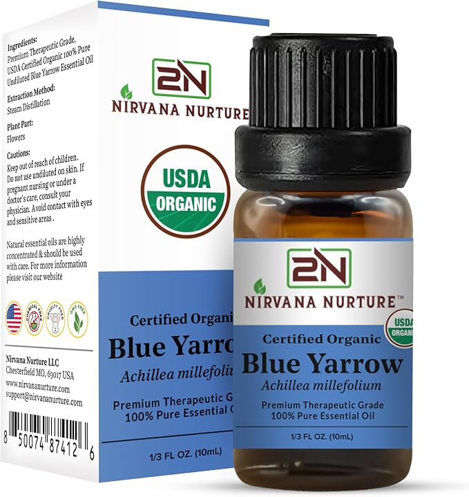 Blue Yarrow Essential Oil, USDA Certified Organic, 100% Pure Undiluted, Aromatherapy Oil for Diffuser, Hair & Skin Care