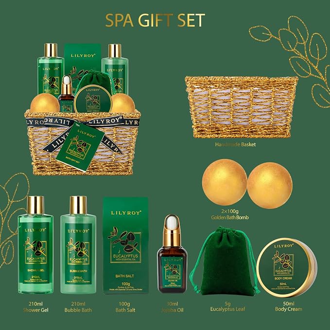 Bath and Body Gift Basket for Women & Men - 10-Piece Eucalyptus Spa Gift Basket for Women & Men, Ideal Gifts for Valentines Day, Fathers Day, Mothers Day, Birthday, Christmas Gift for Her & Him