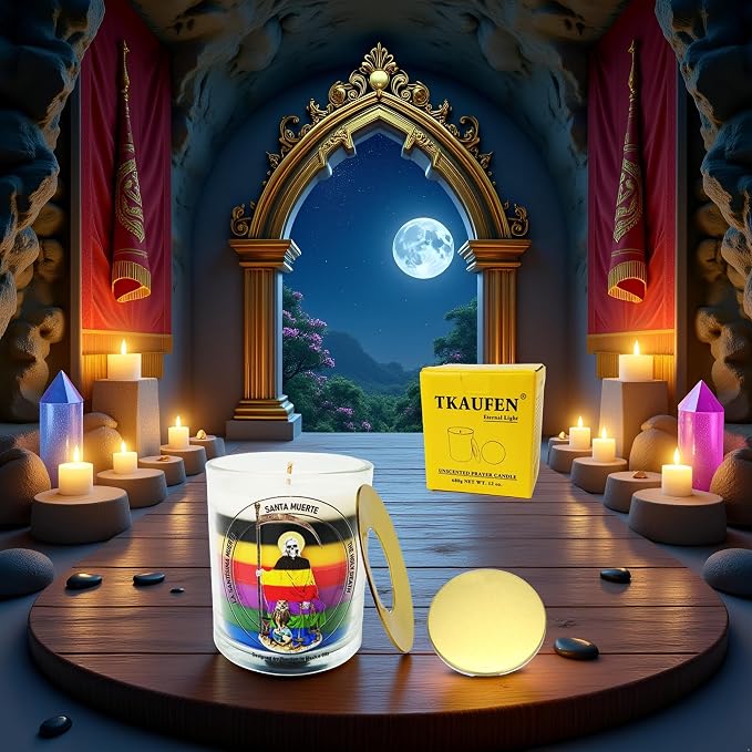 Santa Muerte 7 Color Candle 50 Hours│Natural Soy Wax│Prosperity, Healing, Protection, Abundance, Spiritual Awakening, Love, Wealth, Success, Positive Energy │Design in Mexico City│3“×3.6”