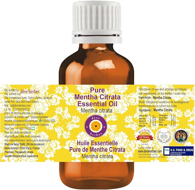 Deve Herbes Pure Mentha Citrata Essential Oil (Mentha citrata) Steam Distilled 100ml (3.38 oz)