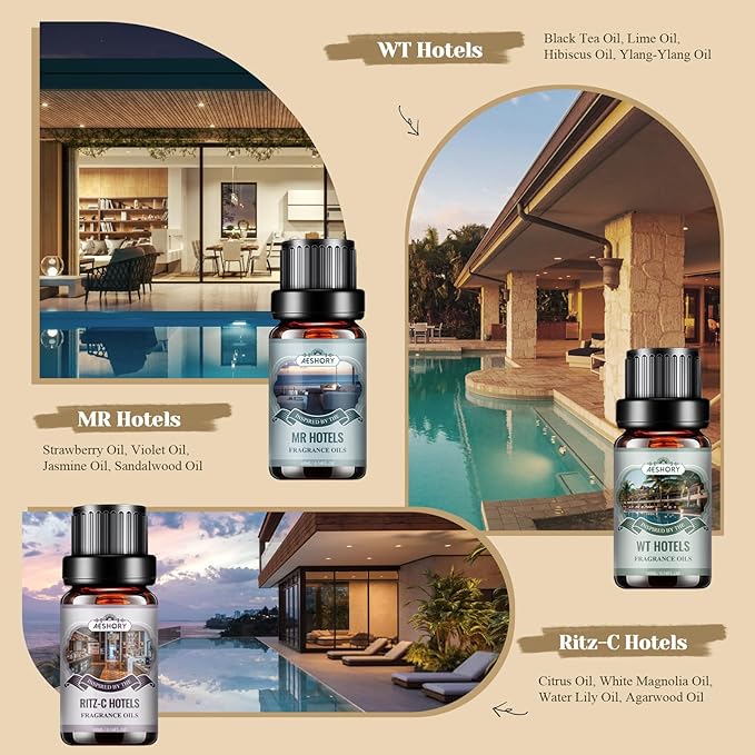 Hotel Diffuser Oils Gift Set - 6x10ML Luxury Fragrance Oil Blend, Hotel Scent Essential Oils Set for Diffuser, Candle, Soap Making Scents