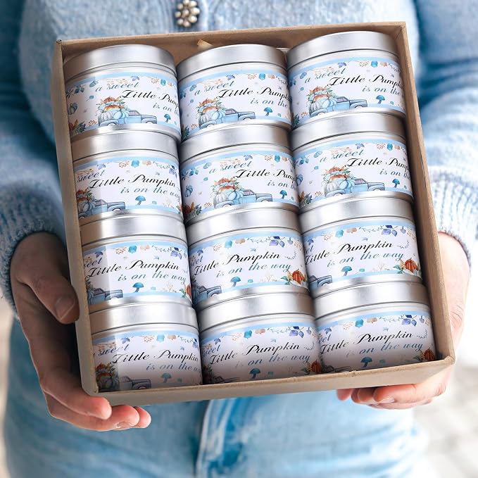 MTLEE 24 Pcs Thanksgiving Little Pumpkin Baby Shower Party Favors Candles Lavender Scented Baby Shower Favors for Guests Rustic Tealights Candles Gender Reveal Return Gifts(Blue, 1.2 Oz)