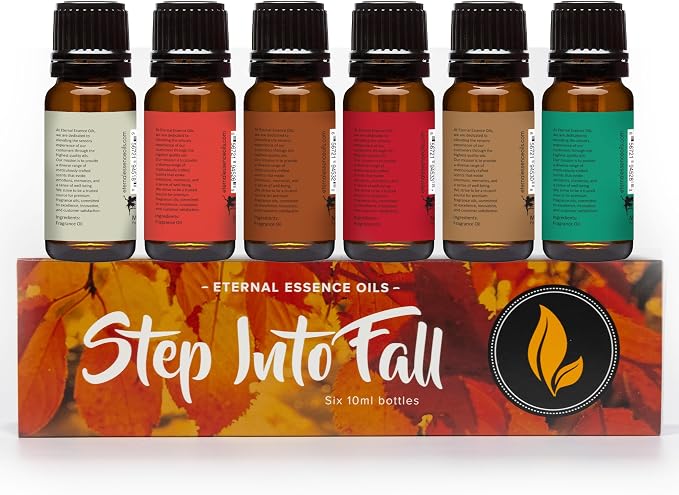 Eternal Essence Oils Step Into Fall Set of 6 Premium Fragrance Oils - Almond Coconut Milk, Fire Amber, Sexy Cinnamon Clove, Reindeer Retreat, Tabacco Vanilla, and Warmths of the Holidays - 10ML