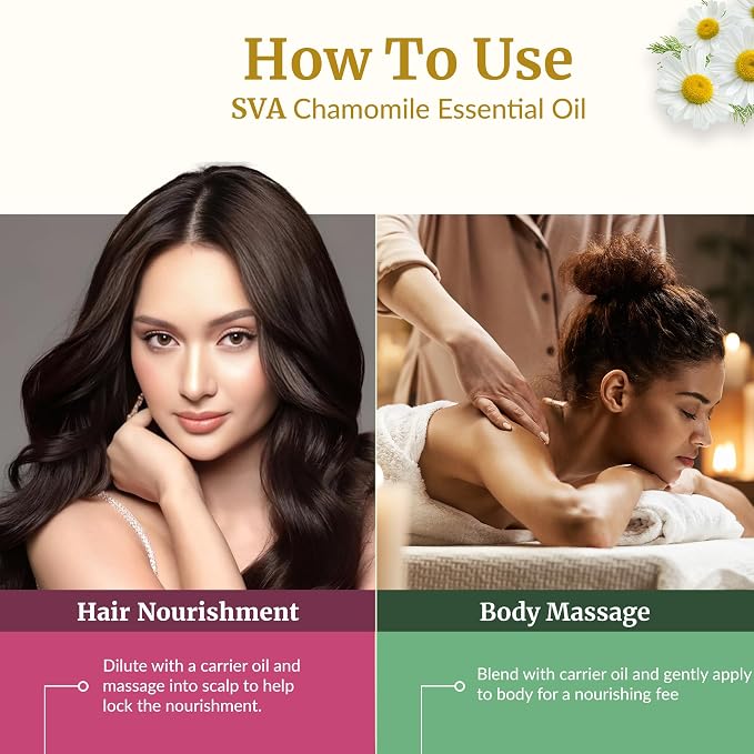 SVA Chamomile Essential Oil – 1 Fl Oz – 100% Natural Chamomile Oil - for Diffuser, Hair Care, Face, Skin Care, Aromatherapy, Scalp and Body Massage, Soap and Candle Making – with Dropper